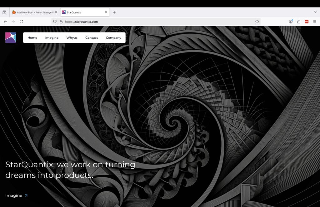 Screenshot of the homepage, landing page, section home showing a background image representing infinite made with AI